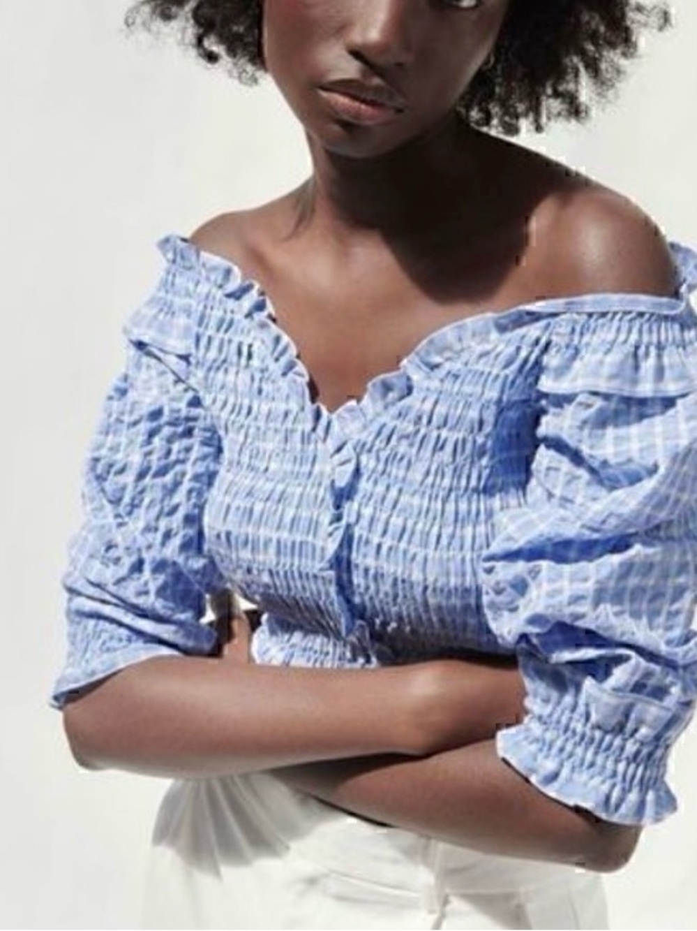 Zara Gingham Smocked Off-Shoulder Crop Top NWOT Blue White Cottagecore M